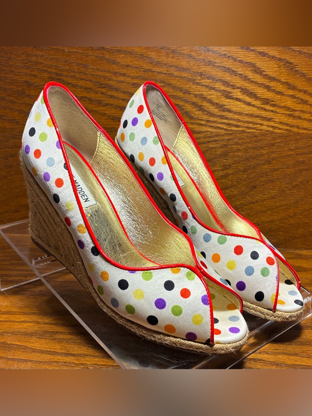 Y2K Steve Madden Polka Dot Satin Open Toe Espadrille Wedges White Multi Size 7.5